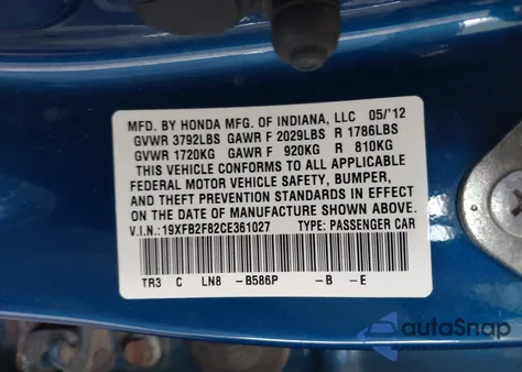 2012 Honda Civic Ex из США, поврежденный, VIN 19XFB2F82CE361027